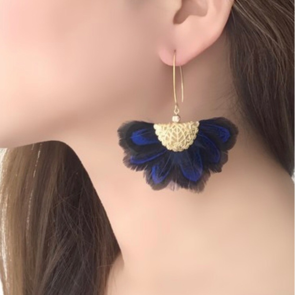 Taolai - Dark Blue Feather Fan Drop Earrings